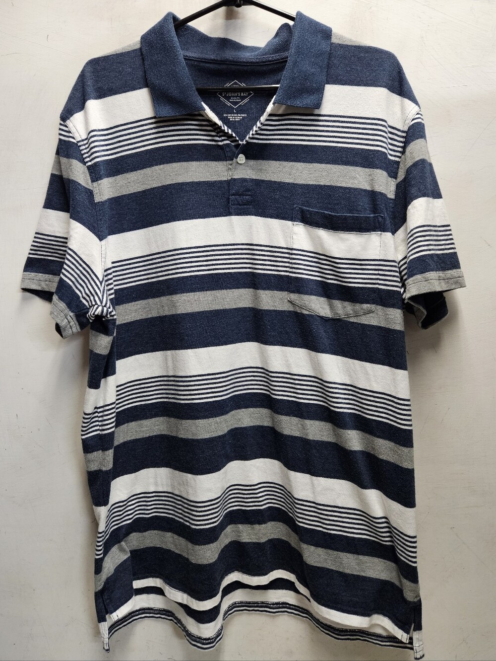 St Johns Bay Mens Large Striped Polo Shirt w/ Pocket Preppy Casual Top